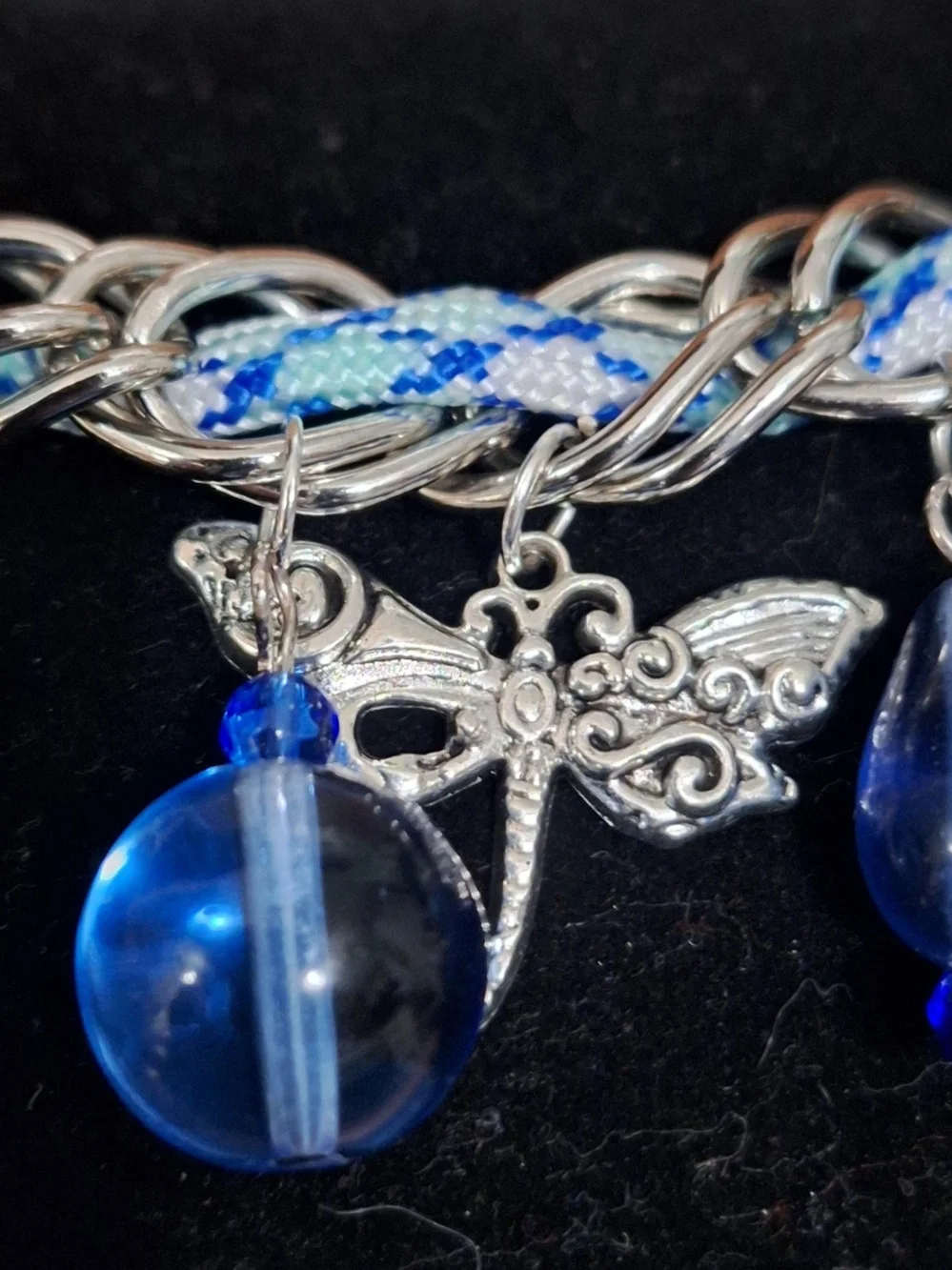 Silver Chain Charm Bracelet with Blue Glass Beads